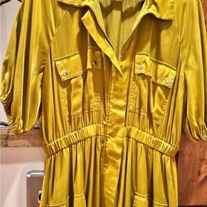 Anthropologie Samant Chauhan Chartreuse Metallic  Shirt Dress Petite Medium PM